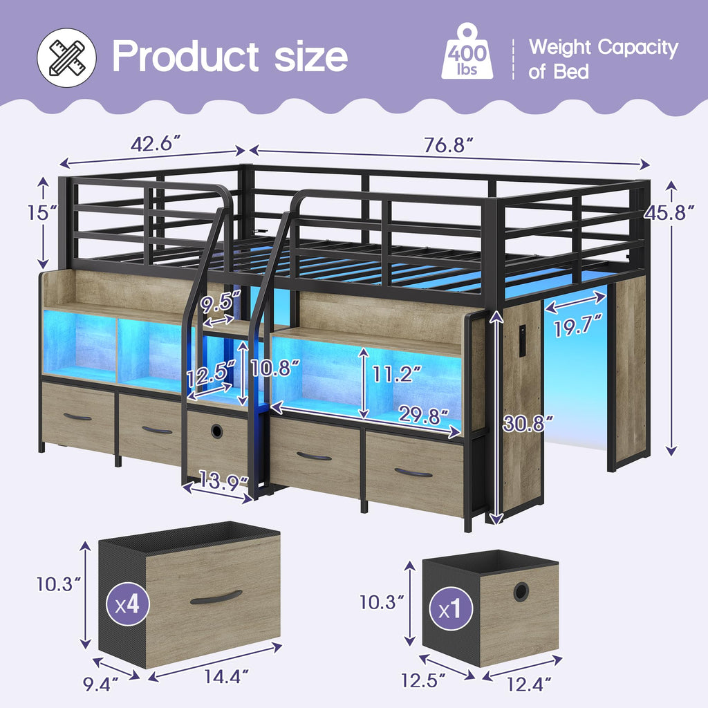Twin Size Low Loft Bed with Storage Y653