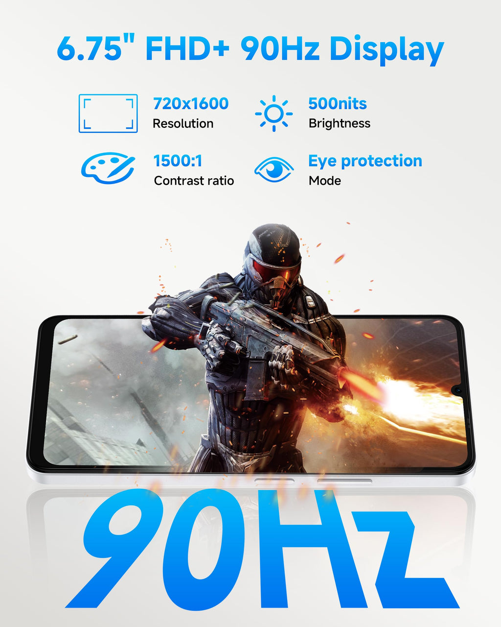 Unlocked Smartphone 8GB+128GB 6.75" 90Hz Android 14 50MP Camera 6000mAh White K240361