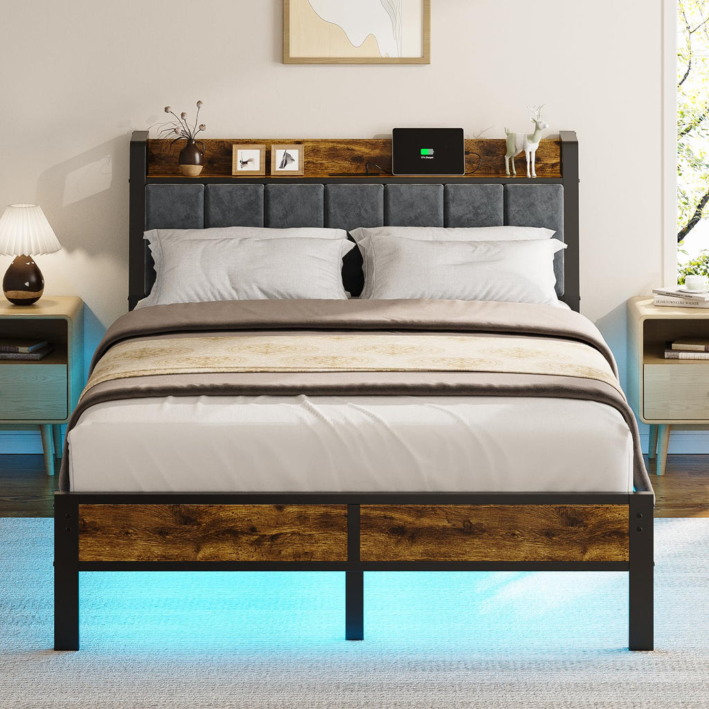 Full Size Bed Frame with LED Light and Charging Station B89966