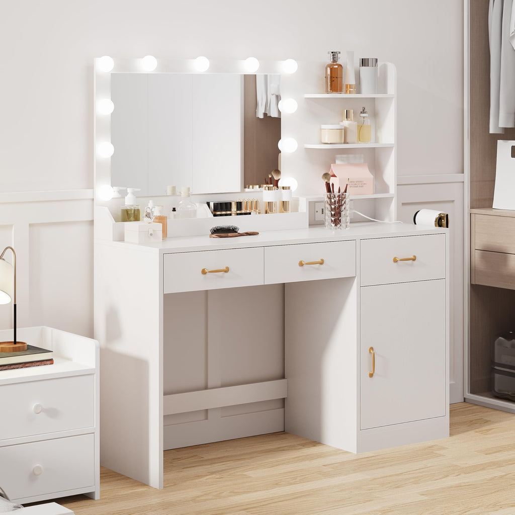 White Vanity Desk with Mirror and Lights I362