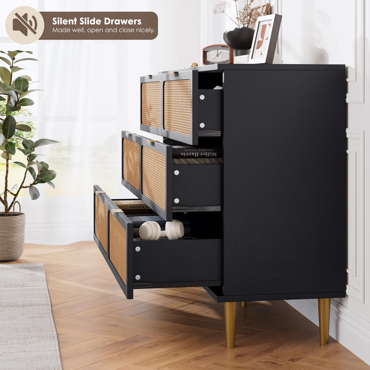 Black Rattan 6 Drawer Dresser W696301