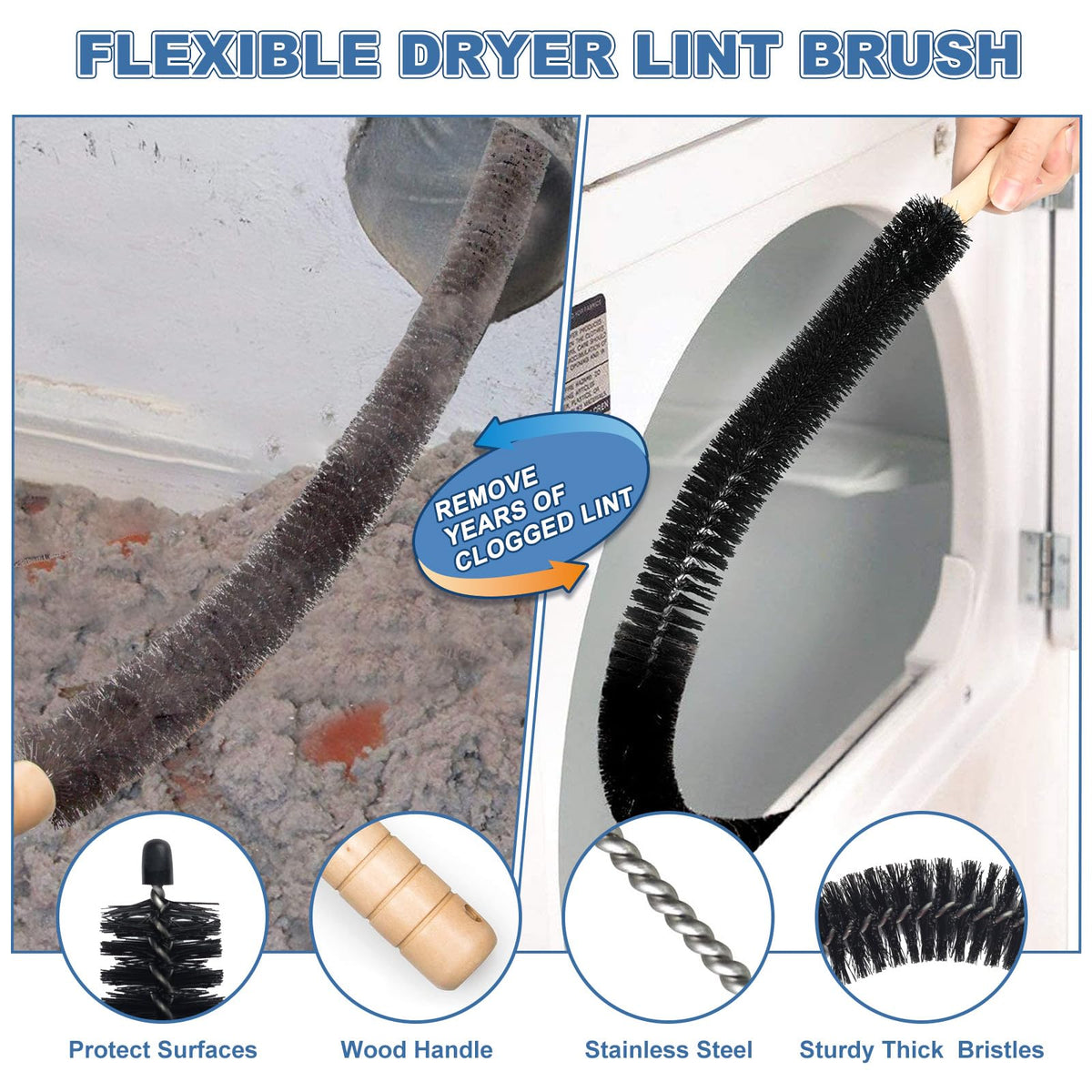 2Pcs Dryer Vent Cleaner Kit Vacuum Hose Attachment & Brush Y227293