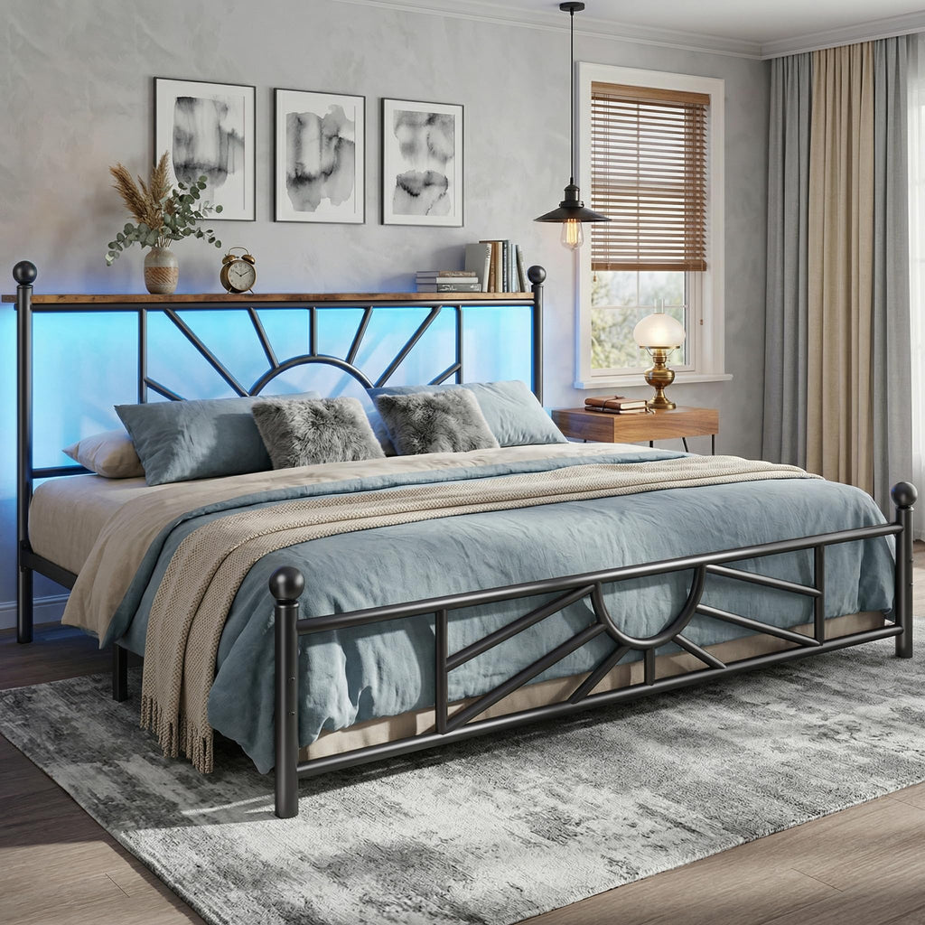 King Size Metal Platform Bed Frame with LED Lights I25816
