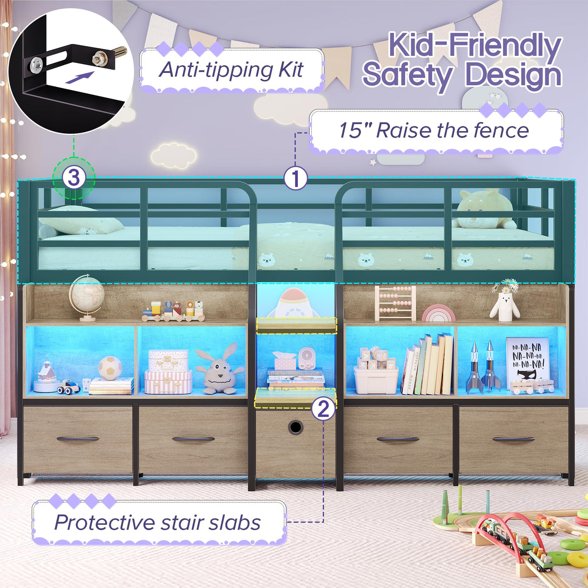 Twin Size Low Loft Bed with Storage Y653