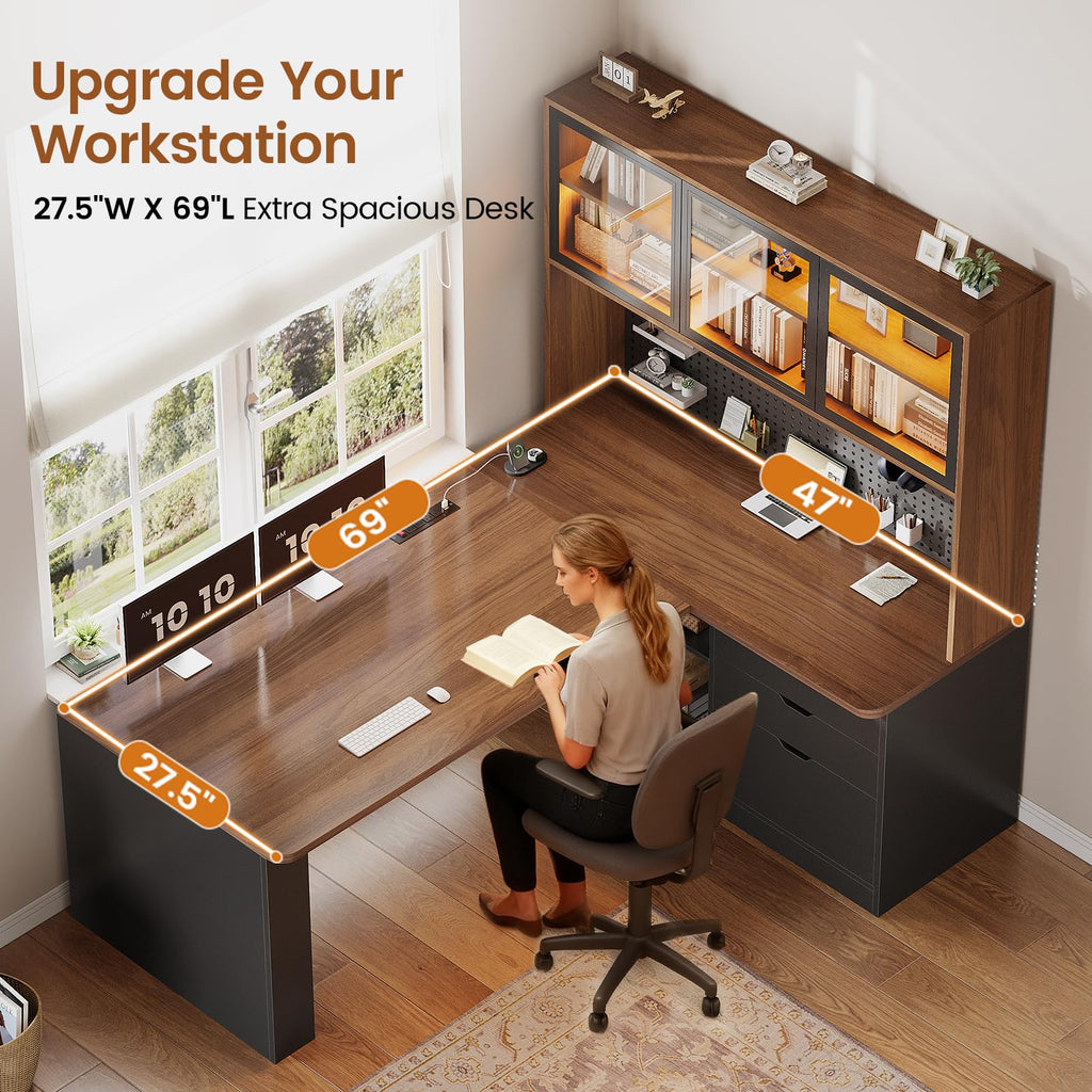 L Shaped Computer Desk with Drawer and Bookshelf V1766