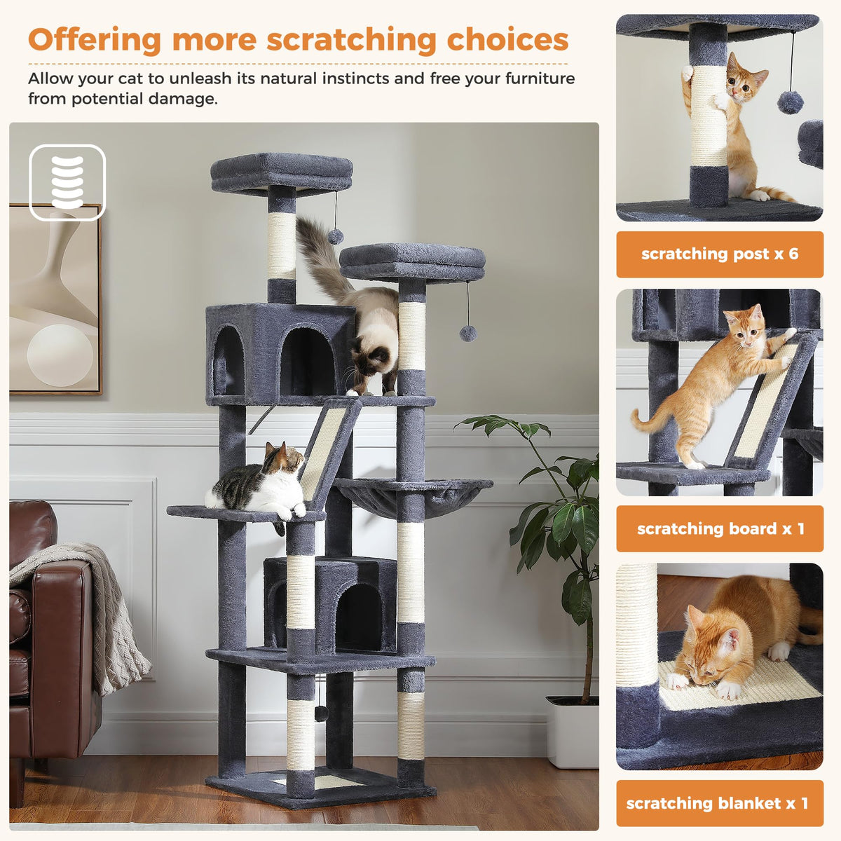 70 Inches Tall Dark Gray Cat Tree with 2 Condos S768