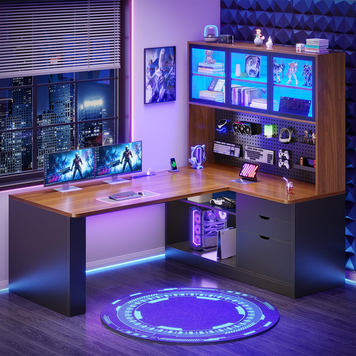 L Shaped Computer Desk with Drawer and Bookshelf V1766