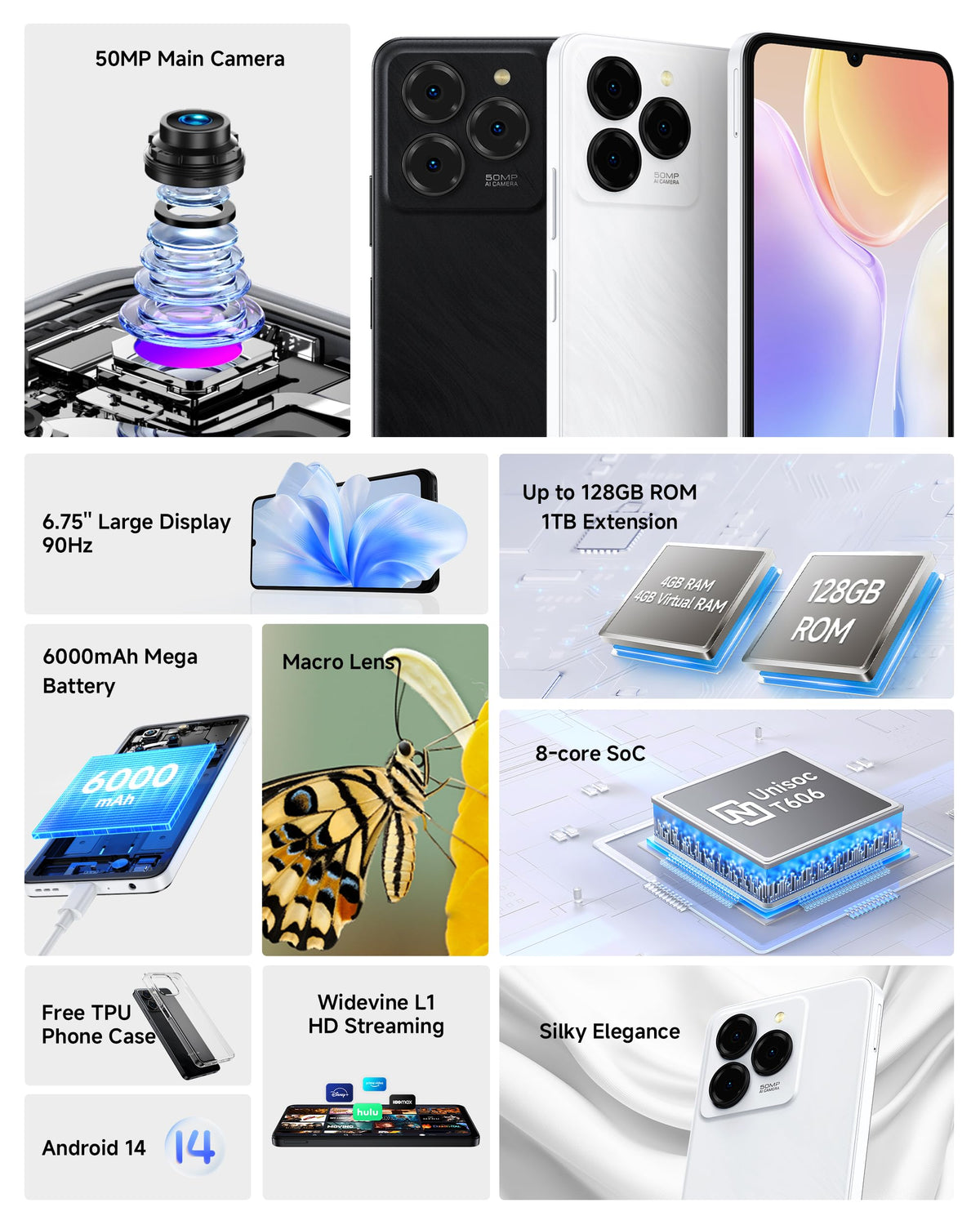 Unlocked Smartphone 8GB+128GB 6.75" 90Hz Android 14 50MP Camera 6000mAh White K240361