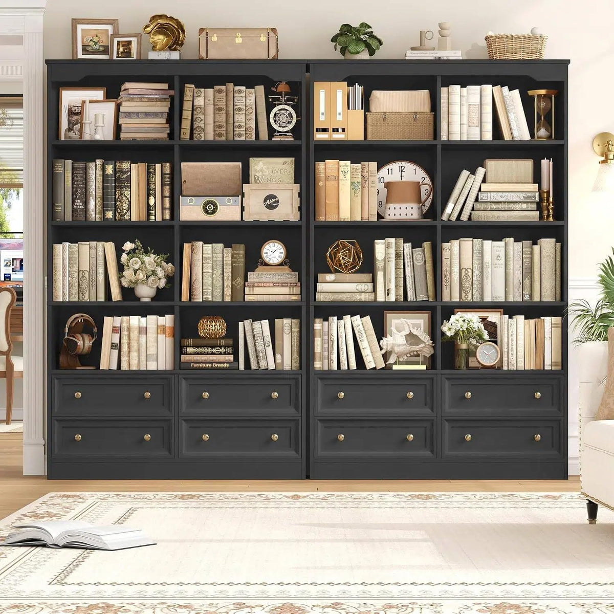 71" Tall Black Bookshelf with 4 Drawers B1104