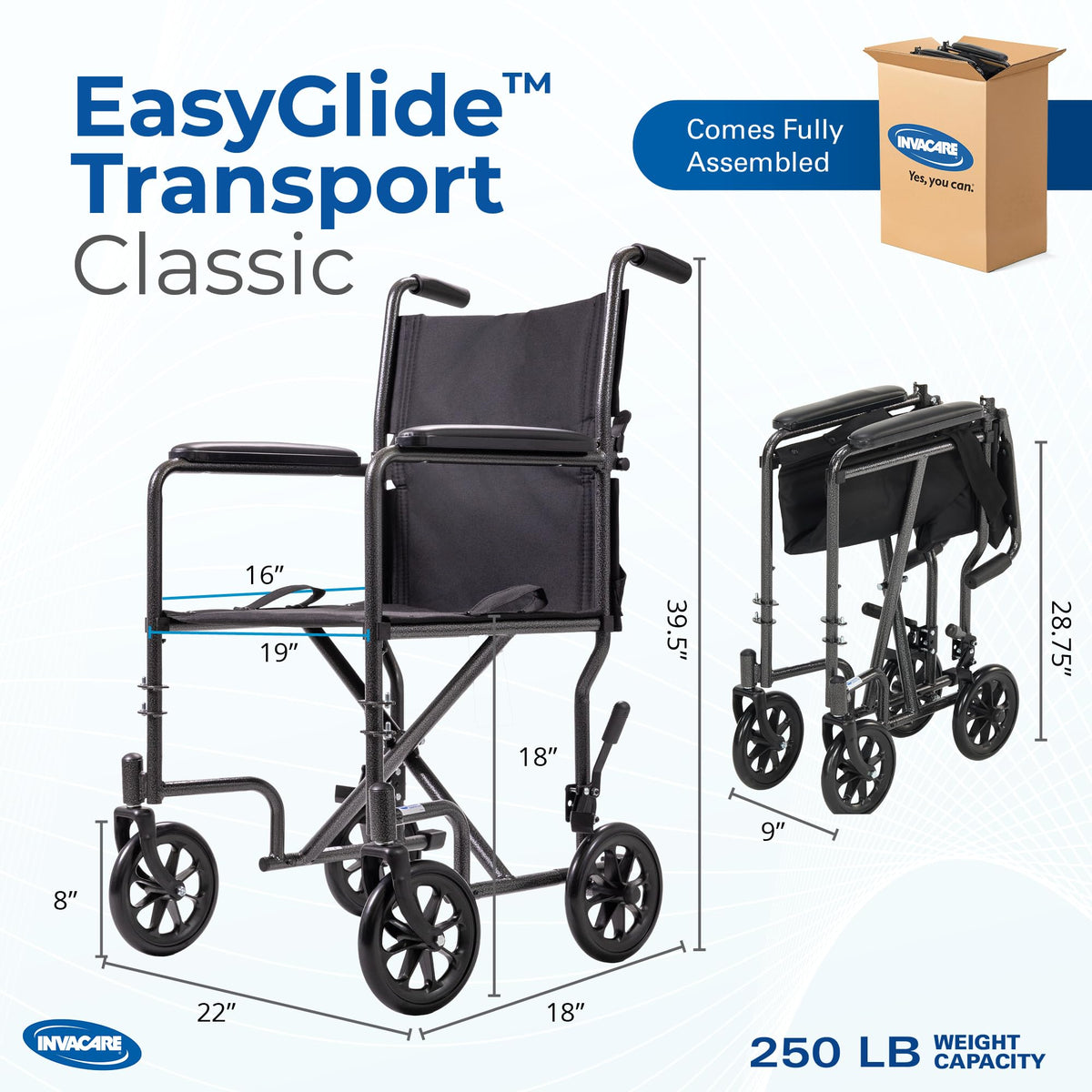 Compact Lightweight Steel Transport Wheelchair with 19in Seat U918644