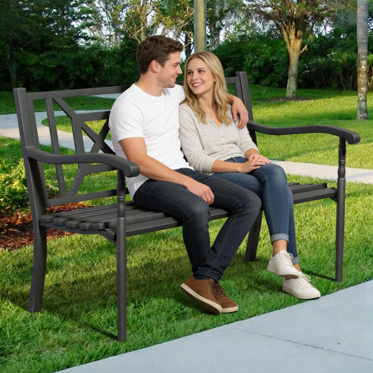 50.5" Metal Patio Bench with Lattice Backrest K51287