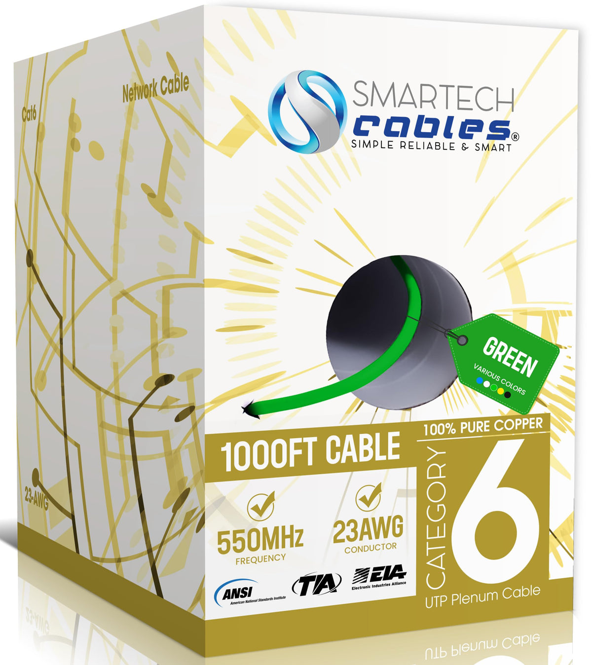Cat 6 Plenum Cable 1000ft Solid Bare Copper 23AWG UTP Green V337754