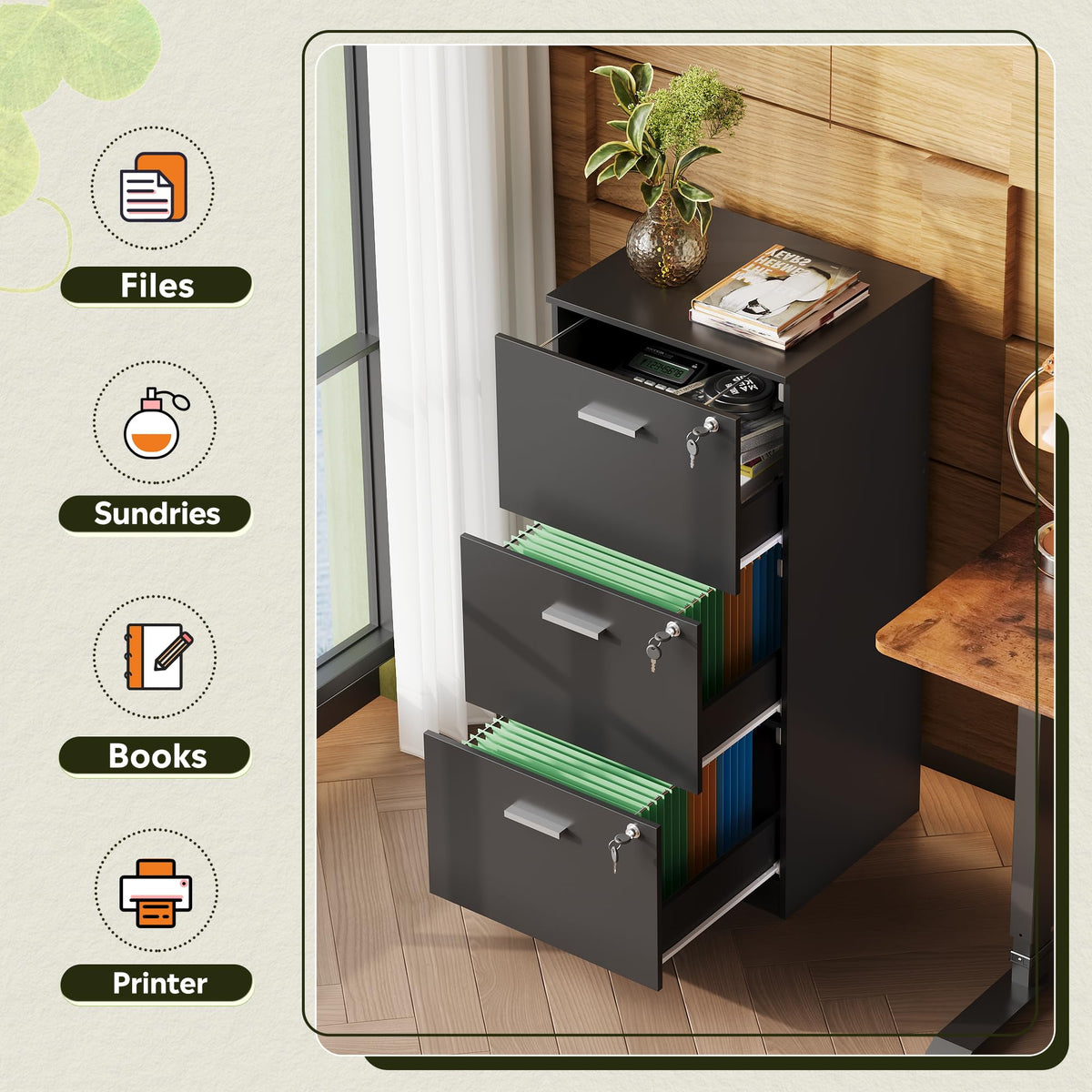 3 Drawer Wood File Cabinet with Lock L9968