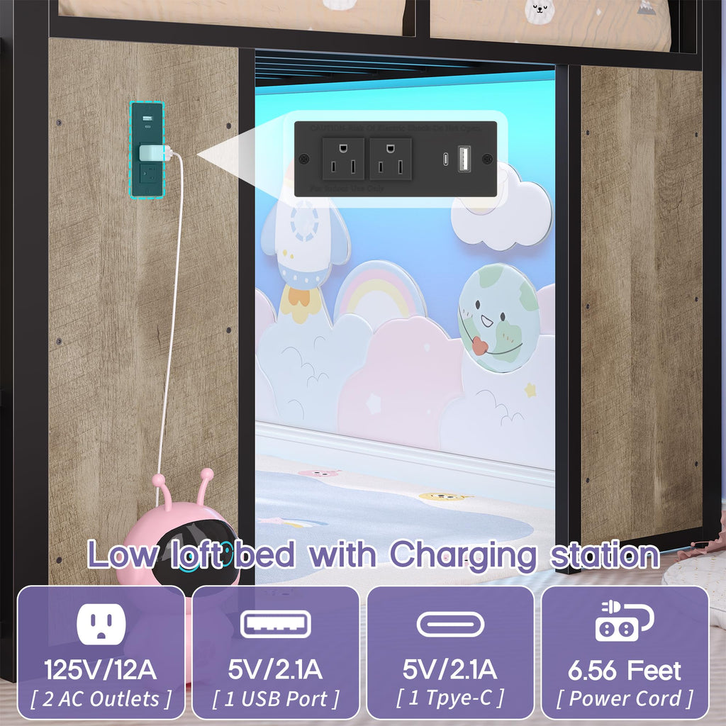 Twin Size Low Loft Bed with Storage Y653
