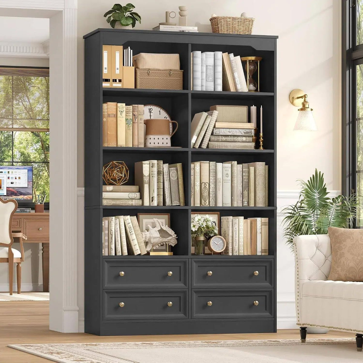 71" Tall Black Bookshelf with 4 Drawers B1104
