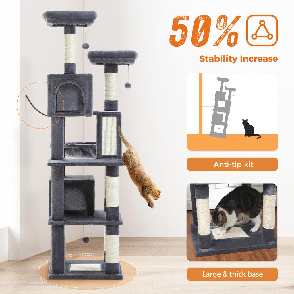 70 Inches Tall Dark Gray Cat Tree with 2 Condos S768
