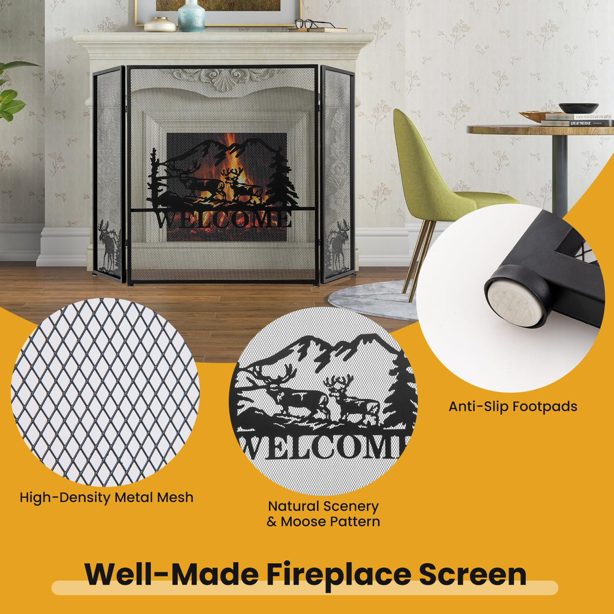 Foldable Fireplace Screen with Moose Pattern F2947