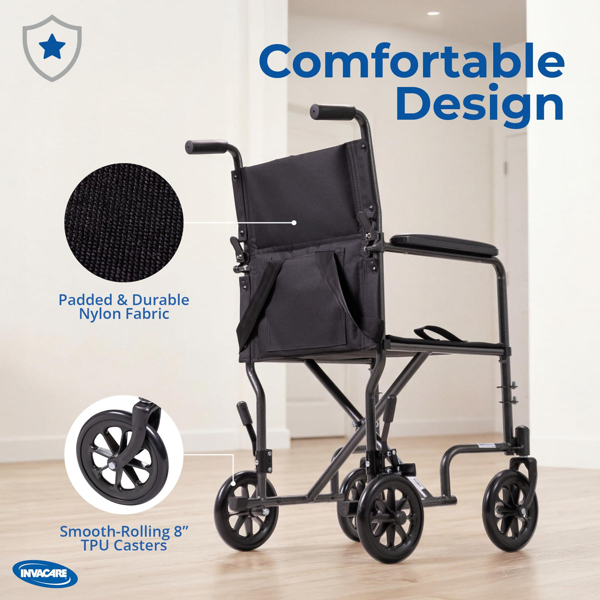 Compact Lightweight Steel Transport Wheelchair with 19in Seat U918644