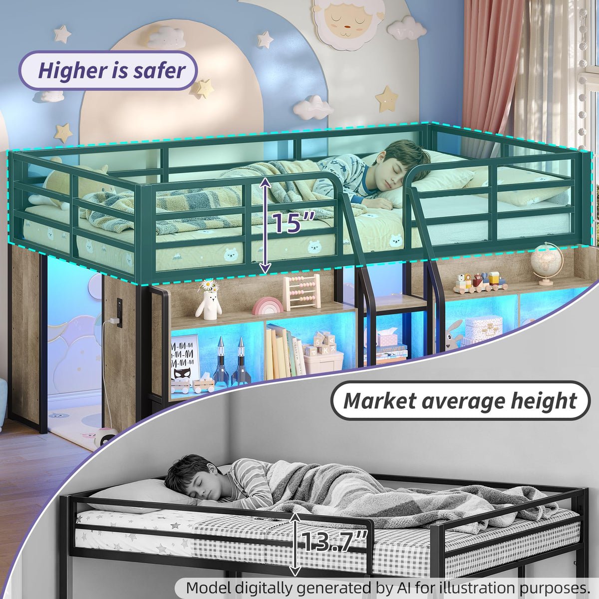 Twin Size Low Loft Bed with Storage Y653