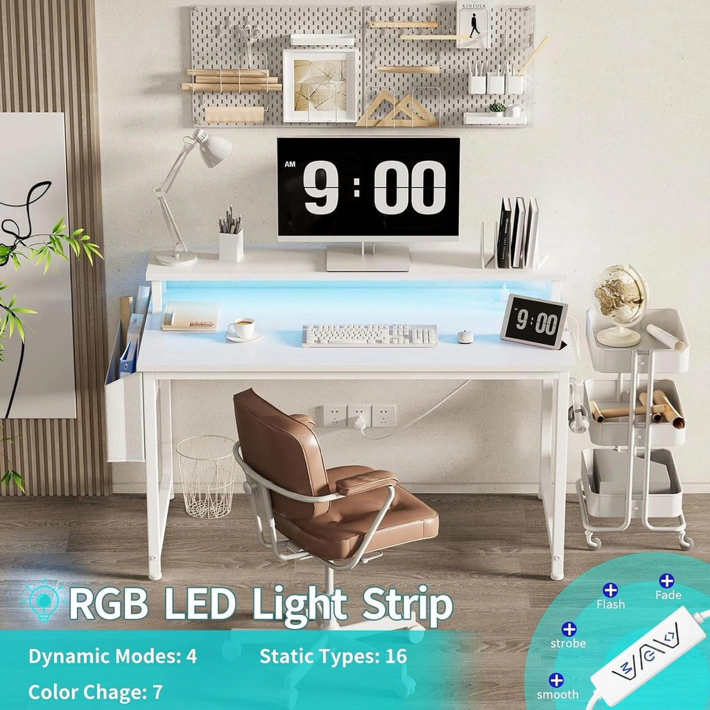 White 40 Inch Computer Desk with LED Lights and Power Outlets K597