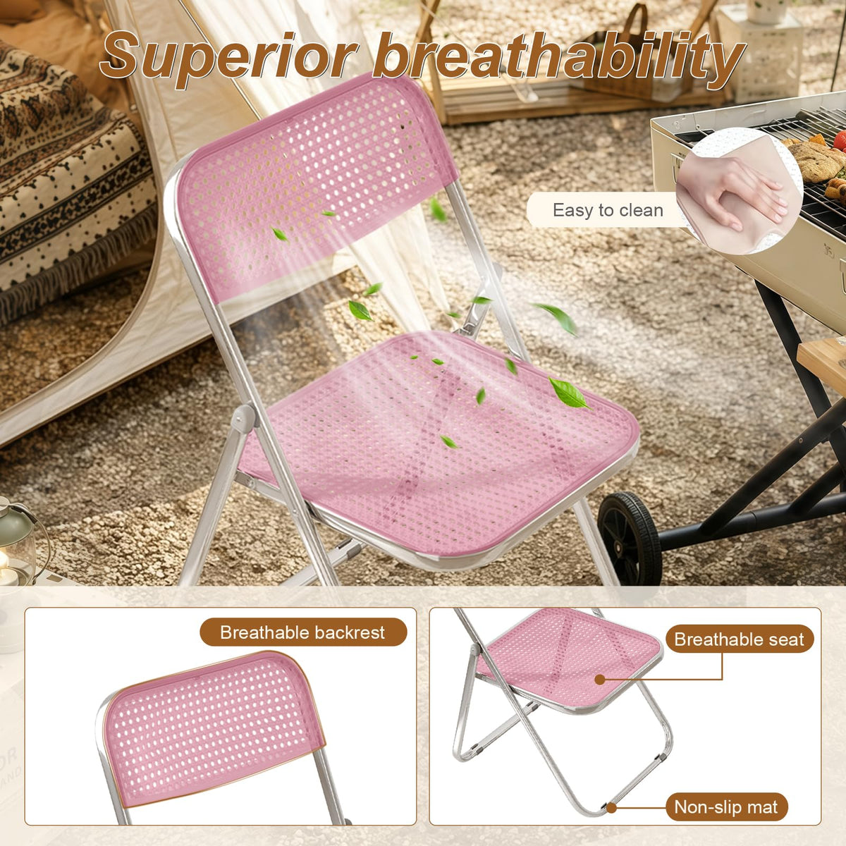 Folding Chairs 300lb Capacity Steel Frame 2-Pack Pink A36936