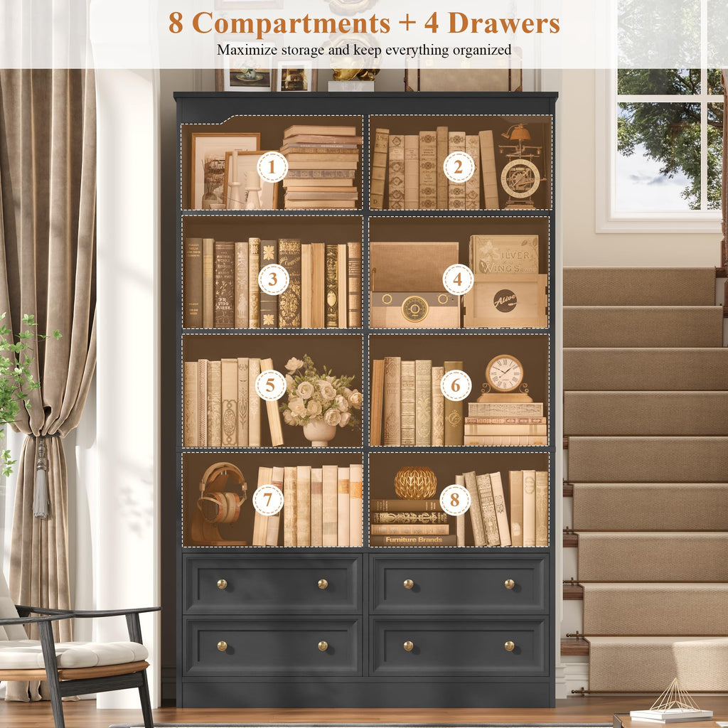 71" Tall Black Bookshelf with 4 Drawers B1104