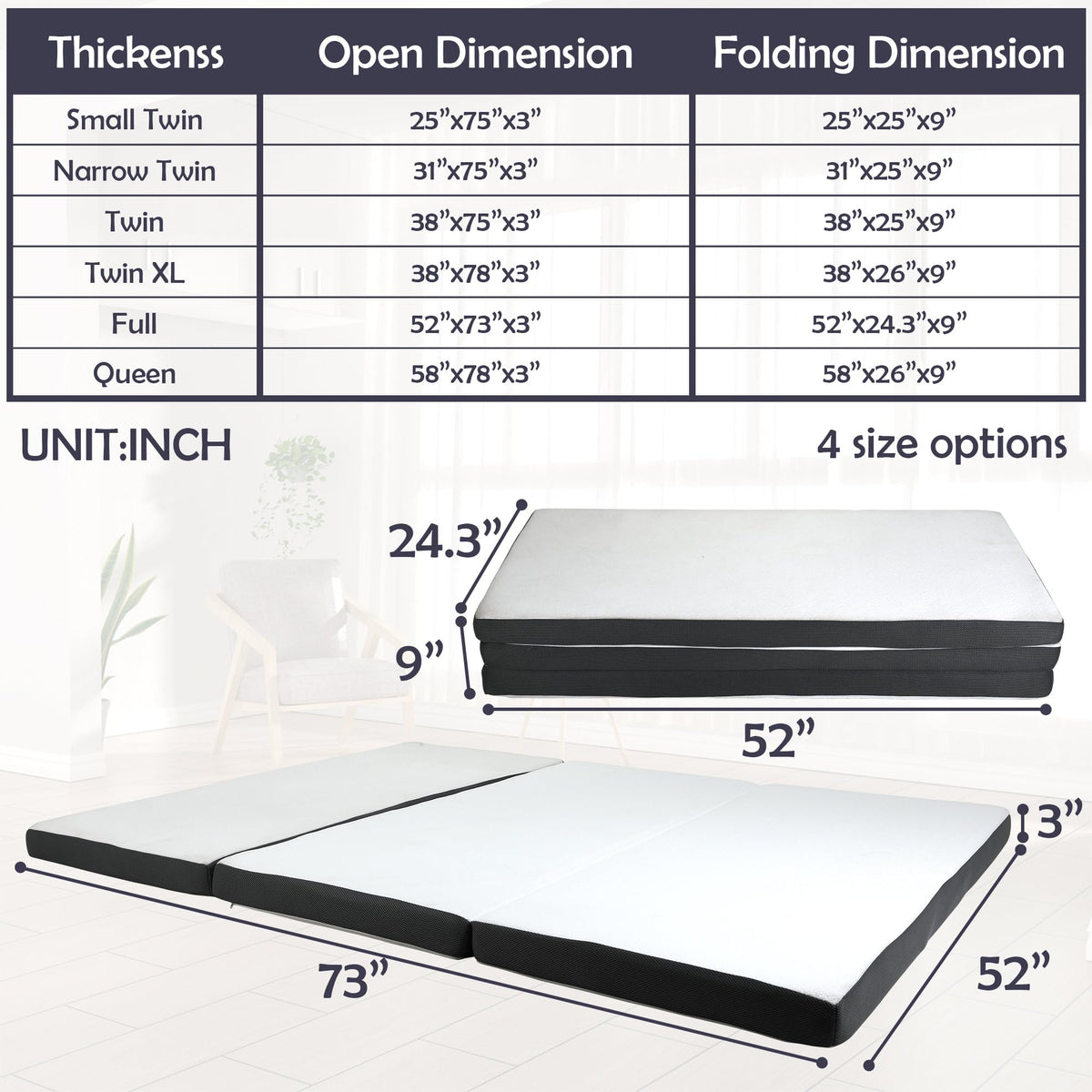 Memory Foam Folding Mattress Full 3 Inch Trifold with Washable Cover D30885