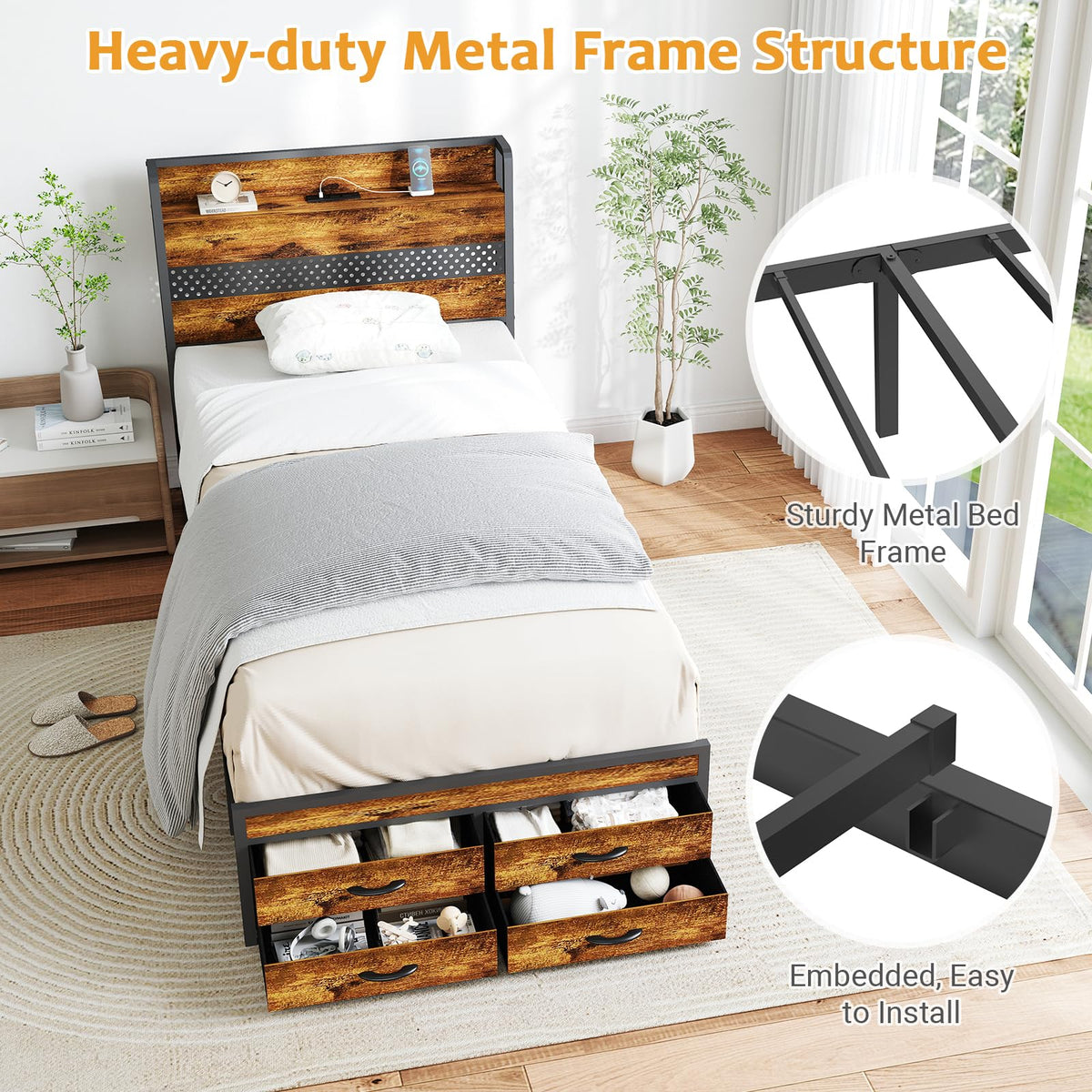 Twin Bed Frame with 2 Storage Drawers J7330