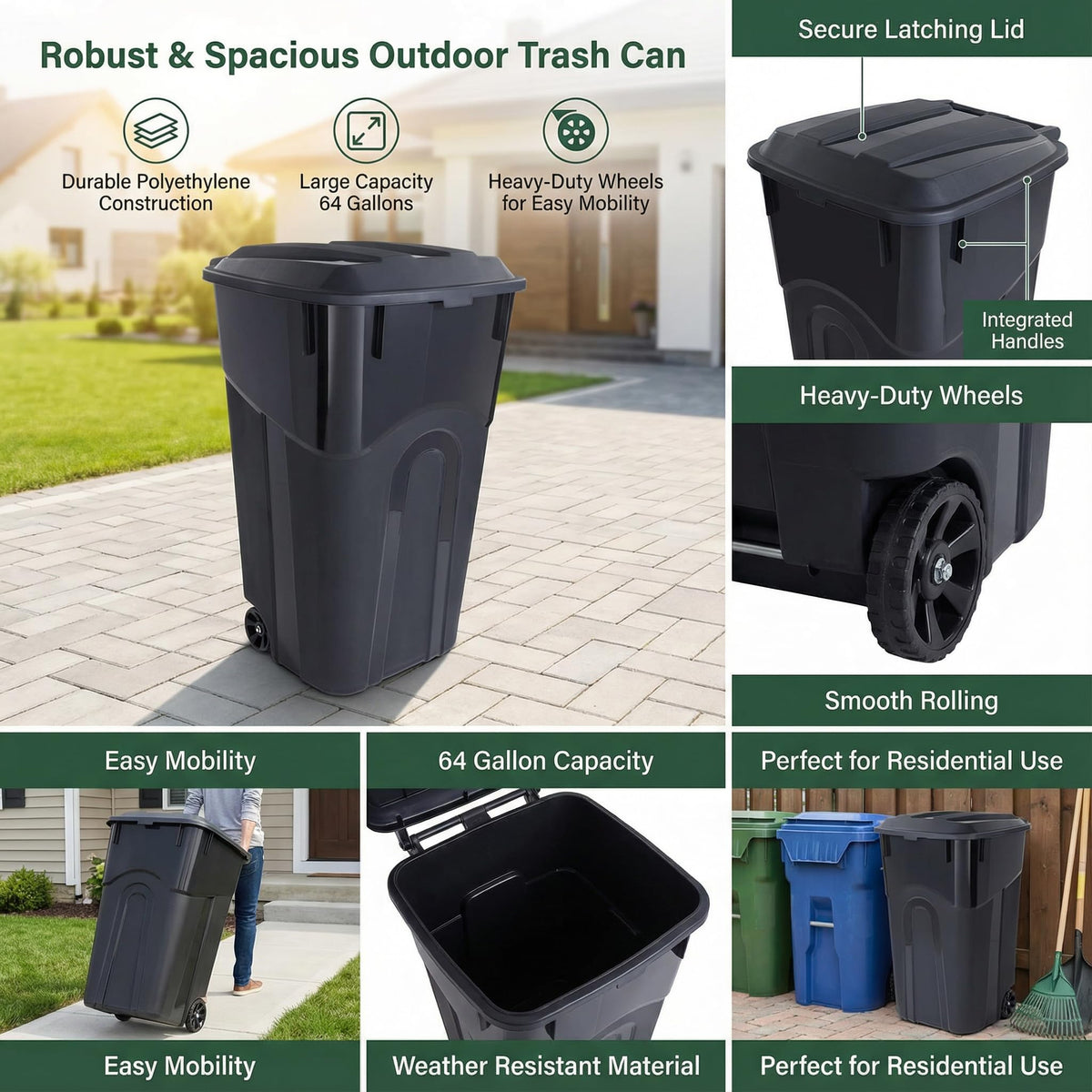 32 Gallon Wheeled Heavy Duty Plastic Garbage Can with Attached Lid G741665