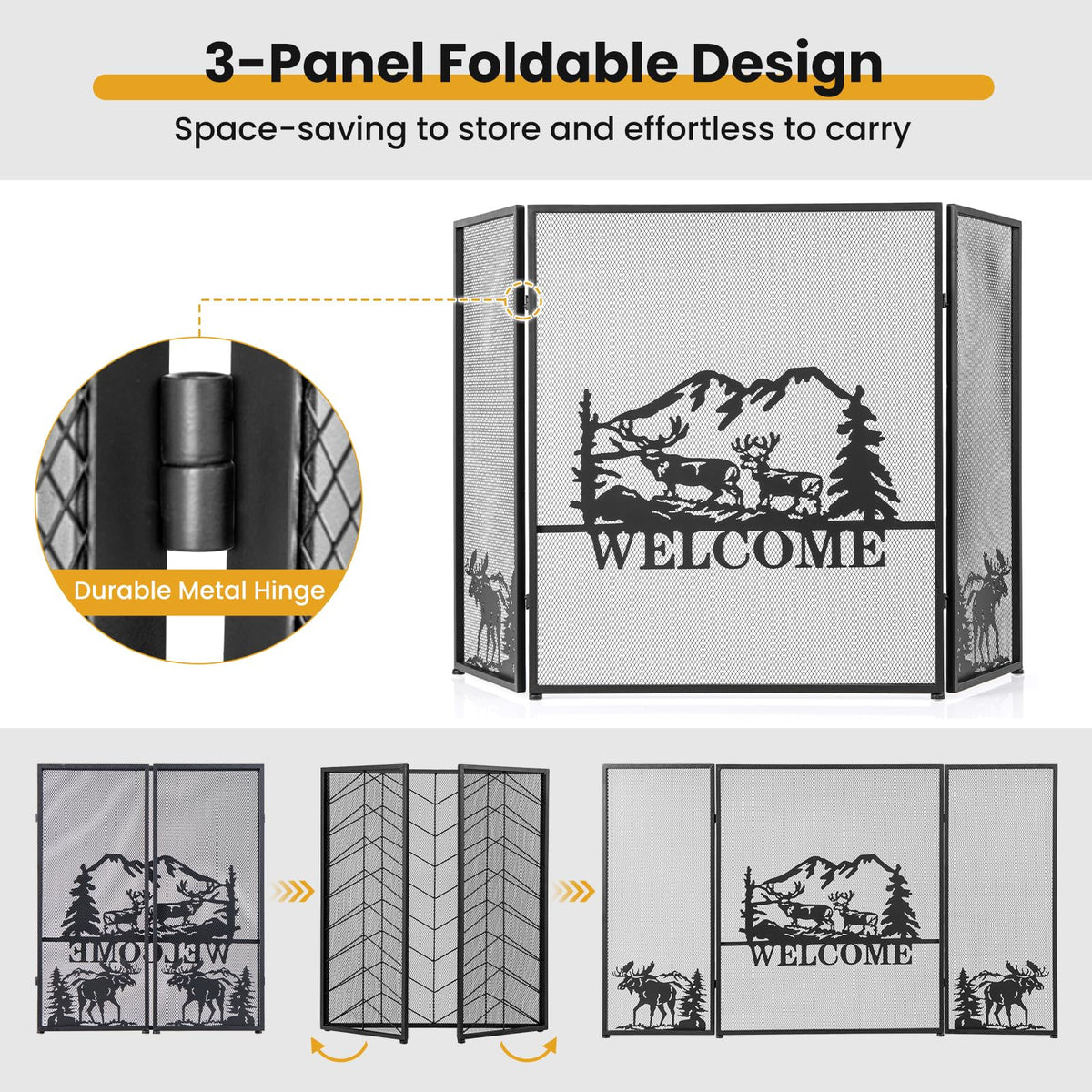 Foldable Fireplace Screen with Moose Pattern F2947