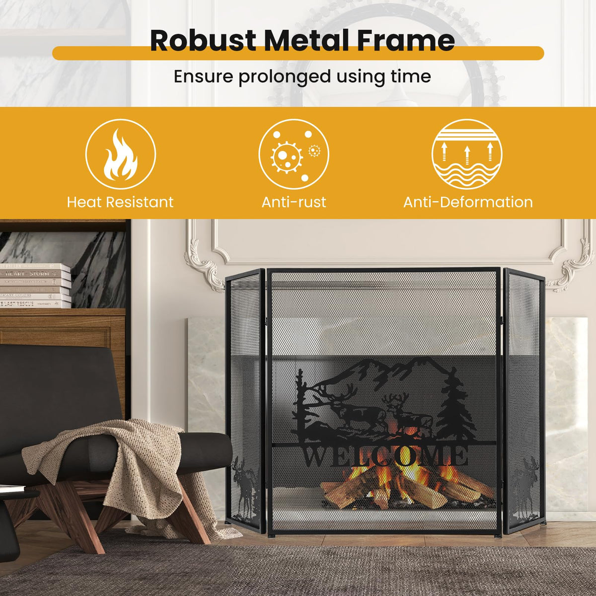 Foldable Fireplace Screen with Moose Pattern F2947