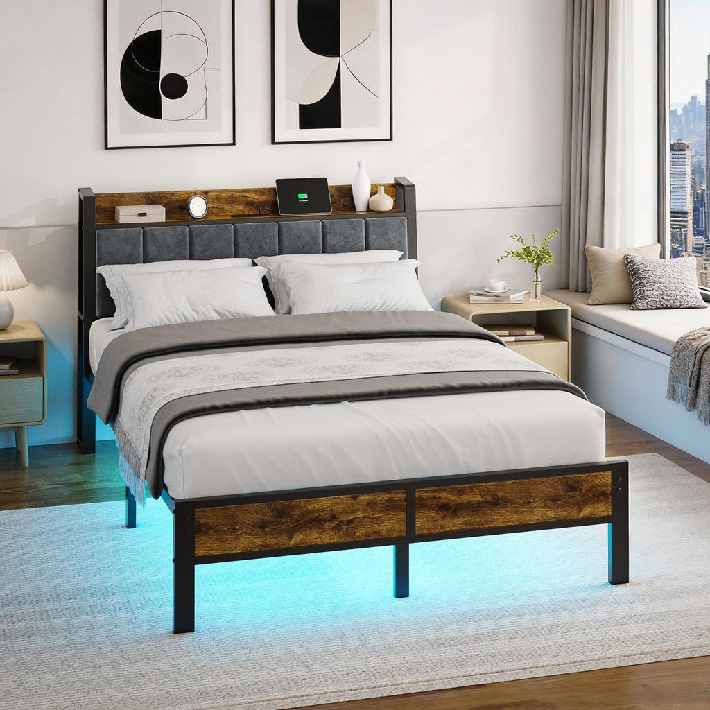 Full Size Bed Frame with LED Light and Charging Station B89966