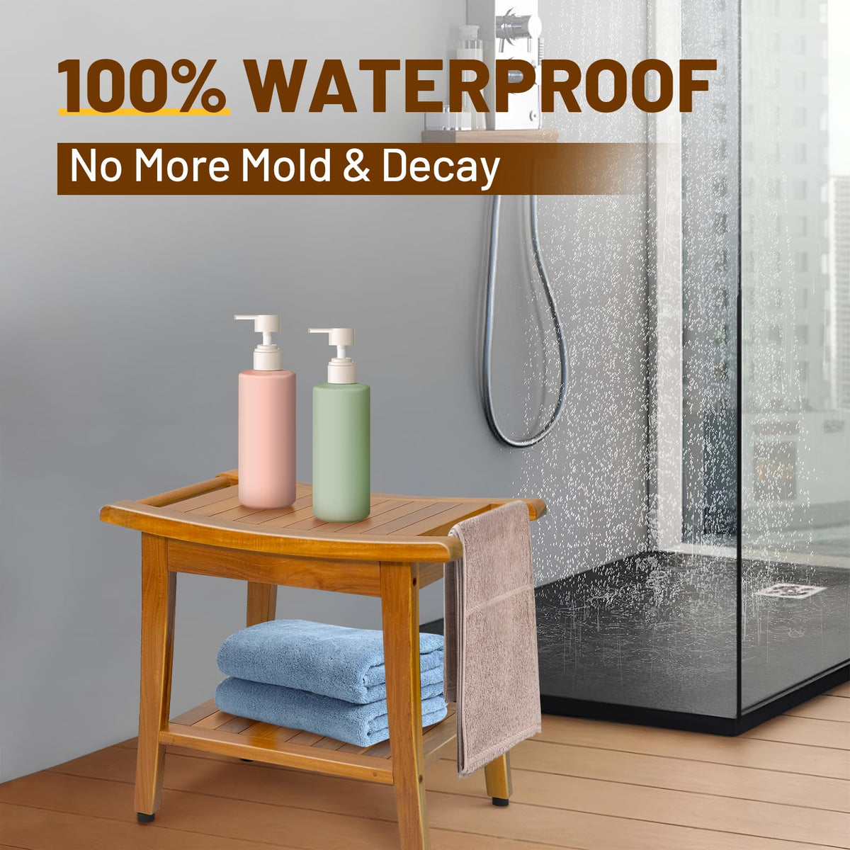 20" Teak Shower Bench with Shelf & Handle E192590
