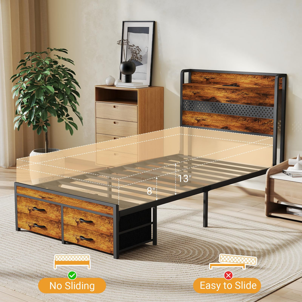 Twin Bed Frame with 2 Storage Drawers J7330