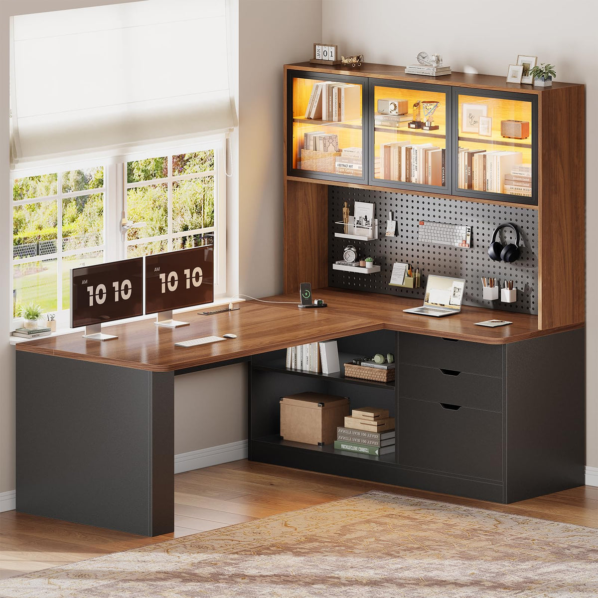 L Shaped Computer Desk with Drawer and Bookshelf V1766