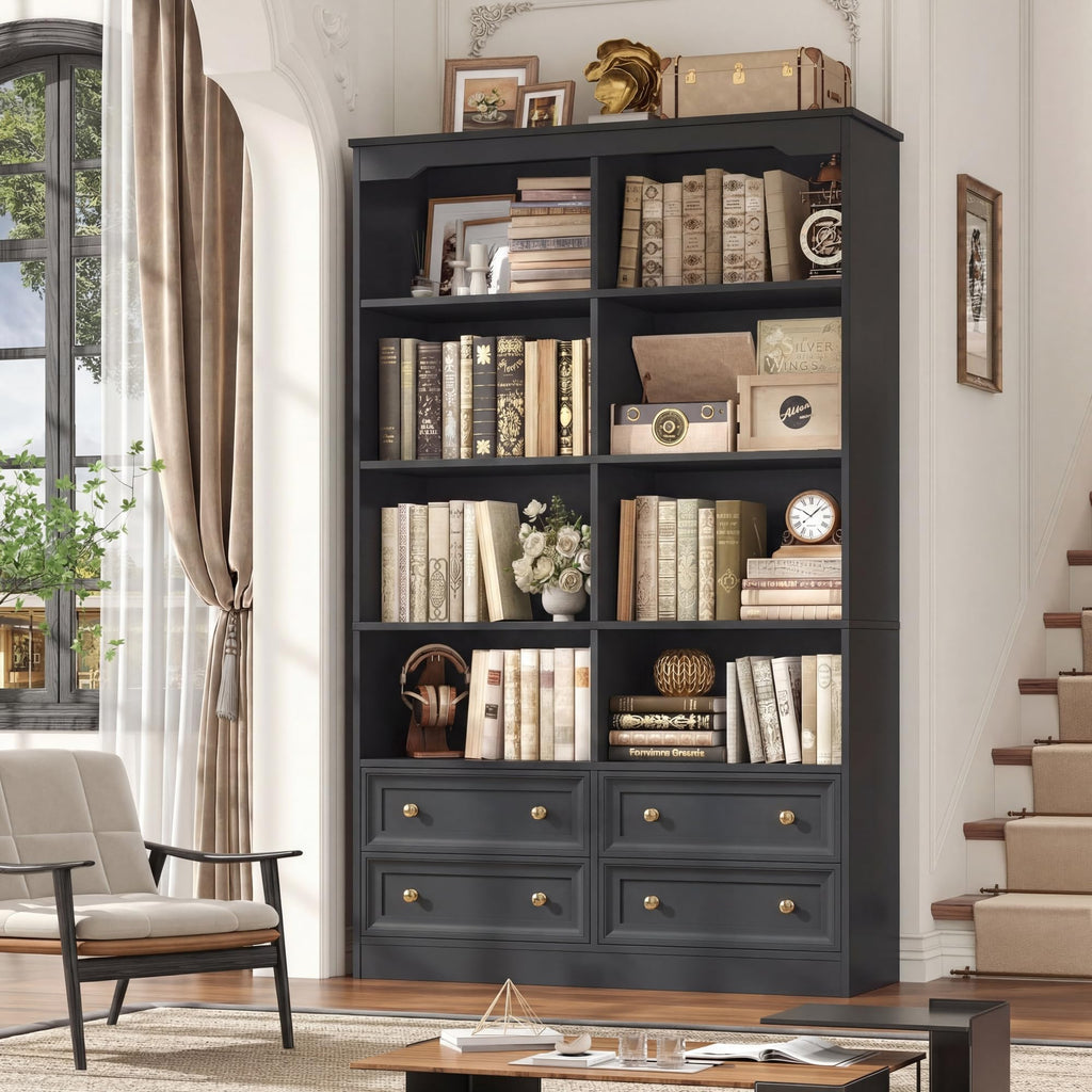 71" Tall Black Bookshelf with 4 Drawers B1104