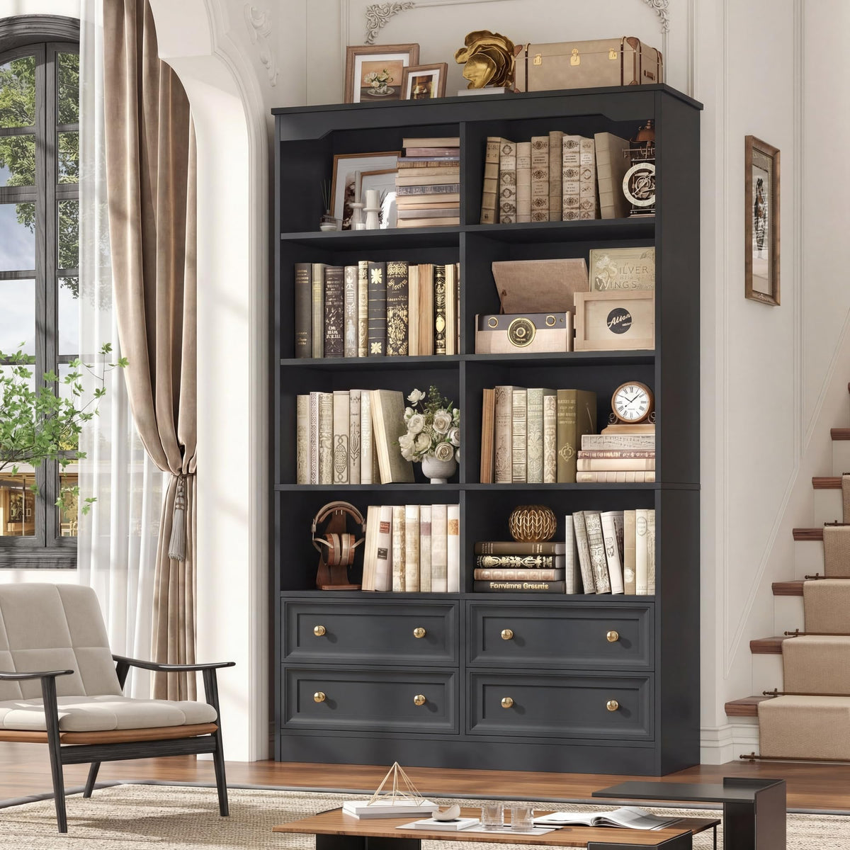 71" Tall Black Bookshelf with 4 Drawers B1104