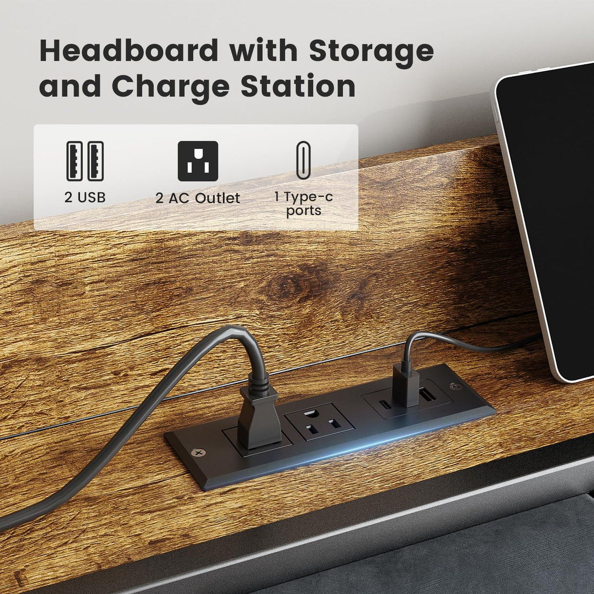 Full Size Bed Frame with LED Light and Charging Station B89966