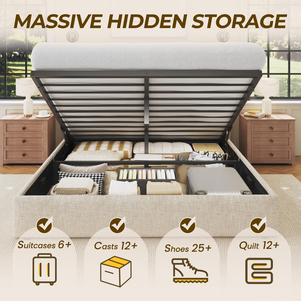 Queen Size Linen Upholstered Lift Up Storage Bed Frame O56993