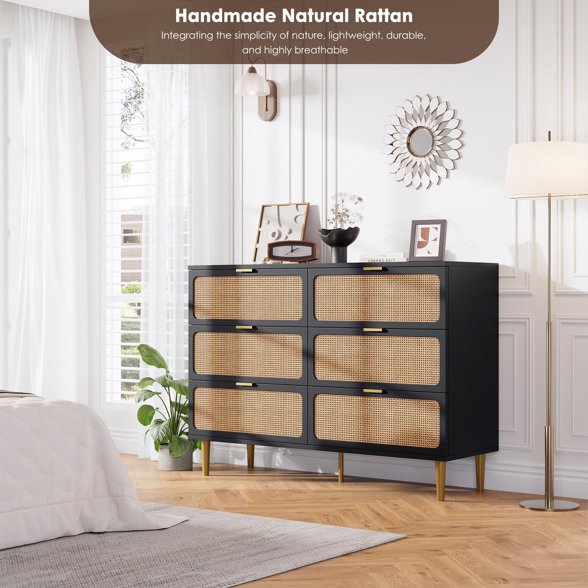 Black Rattan 6 Drawer Dresser W696301