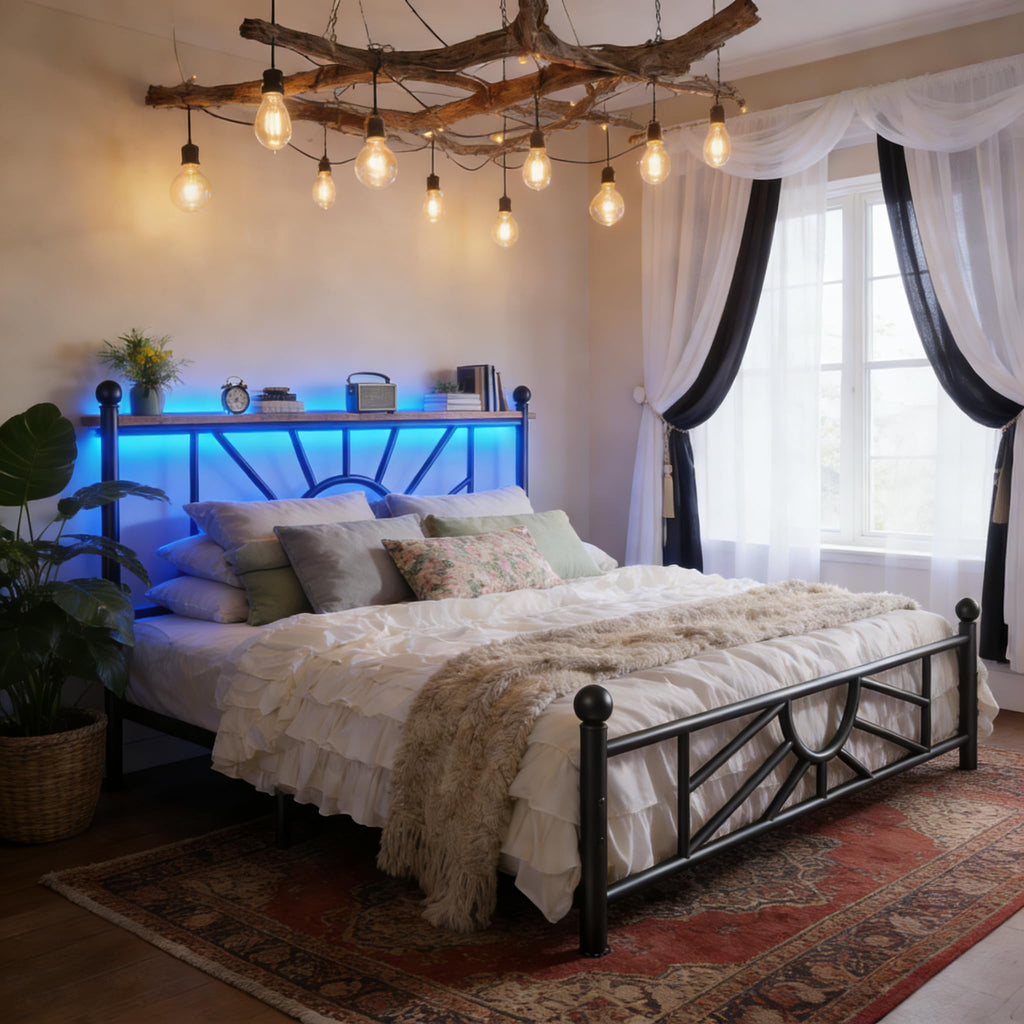 King Size Metal Platform Bed Frame with LED Lights I25816