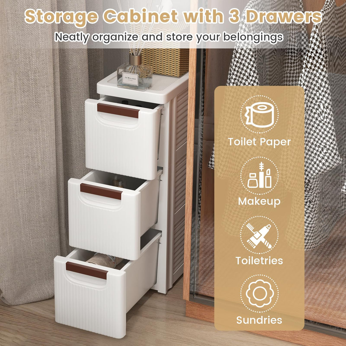 White 3 Drawer Narrow Storage Cabinet H2279