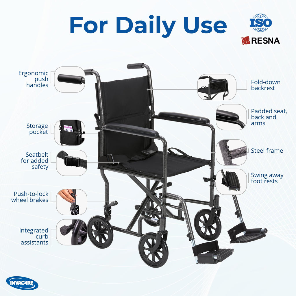 Compact Lightweight Steel Transport Wheelchair with 19in Seat U918644
