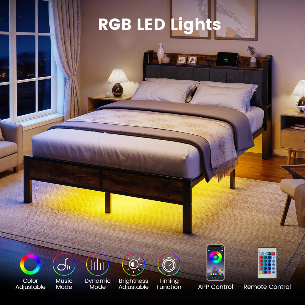Full Size Bed Frame with LED Light and Charging Station B89966