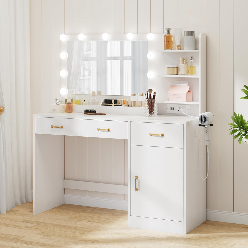 White Vanity Desk with Mirror and Lights I362