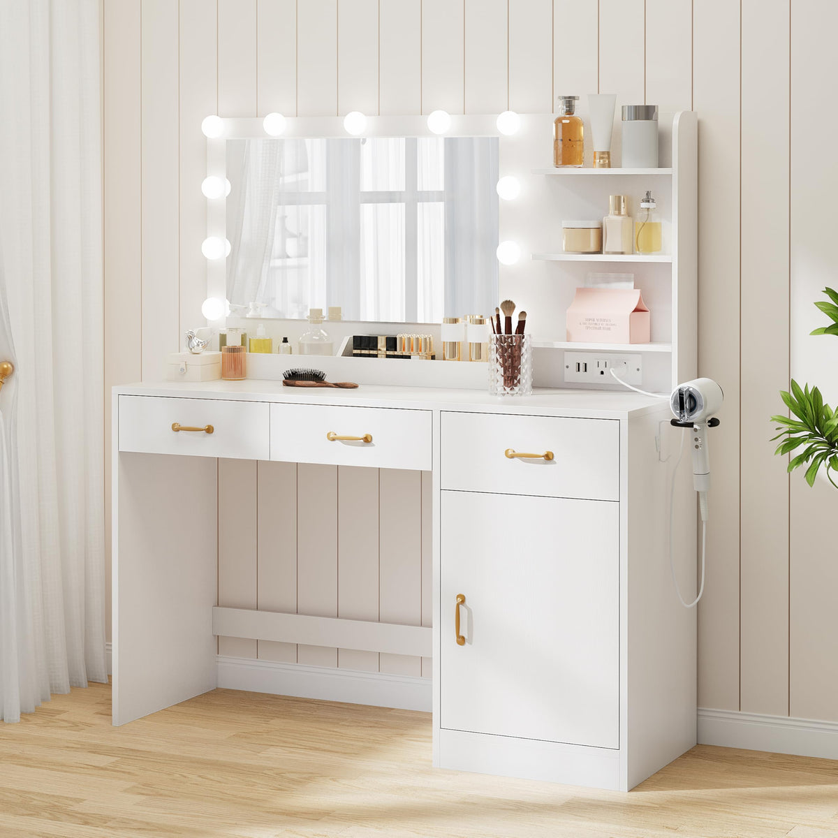 White Vanity Desk with Mirror and Lights I362