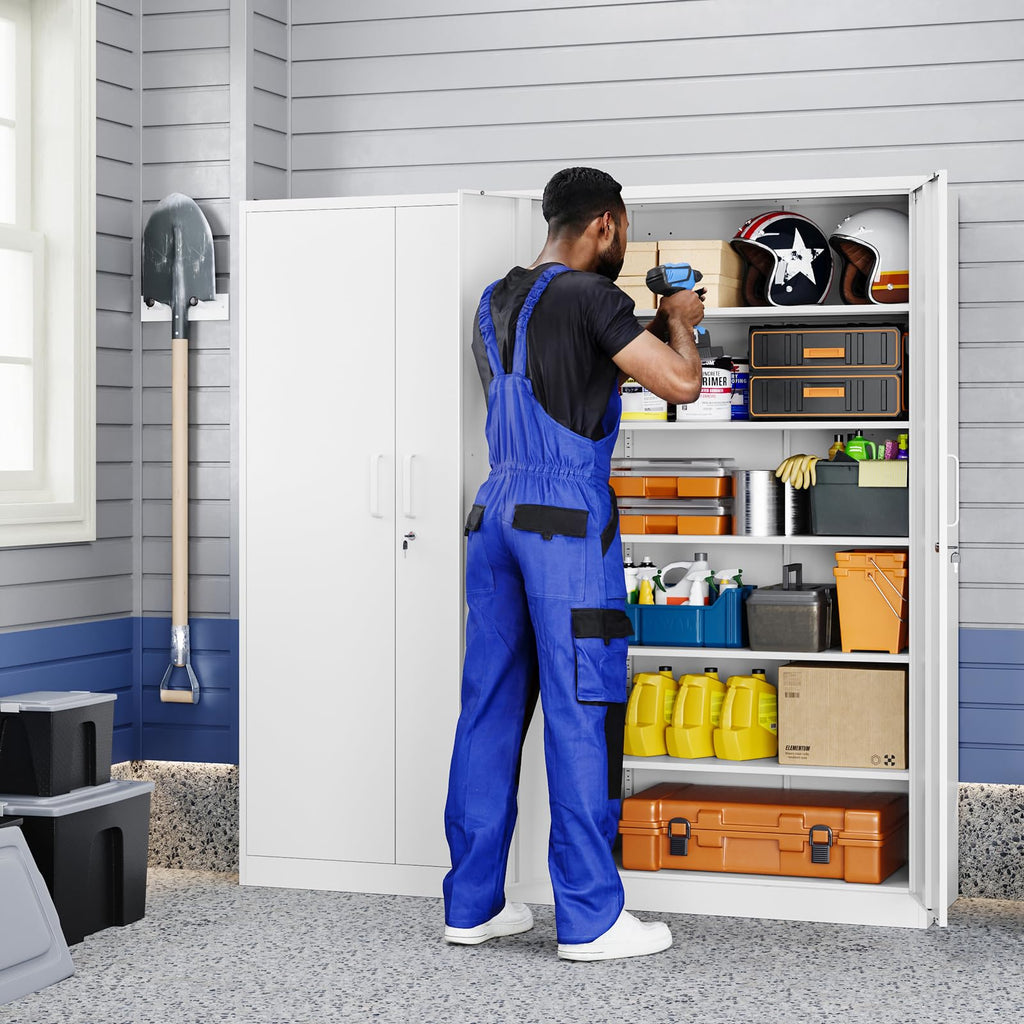 White Metal Storage Cabinet with 2 Doors and 5 Adjustable Shelves H353