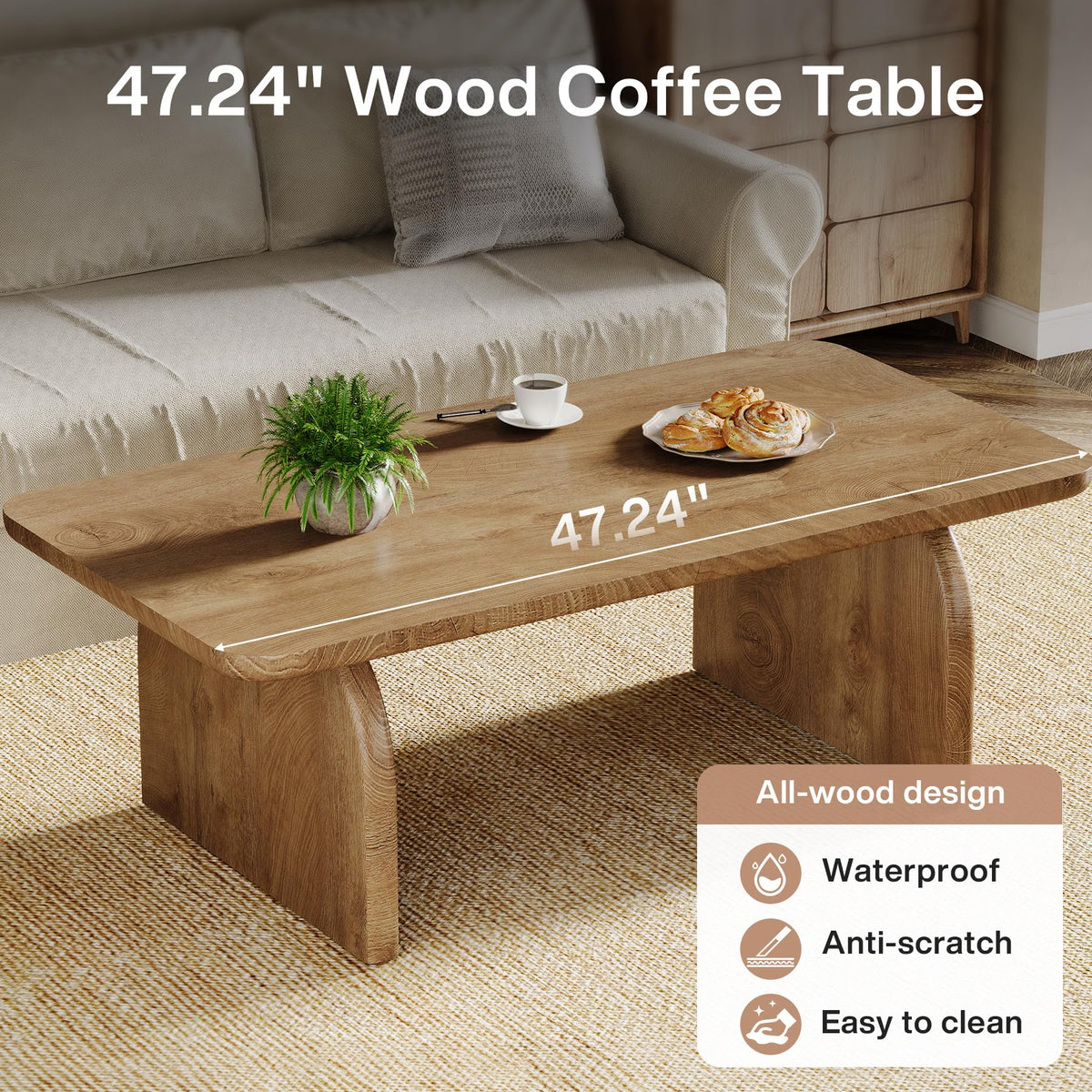 47-Inch Natural Brown Wood Coffee Table O55945