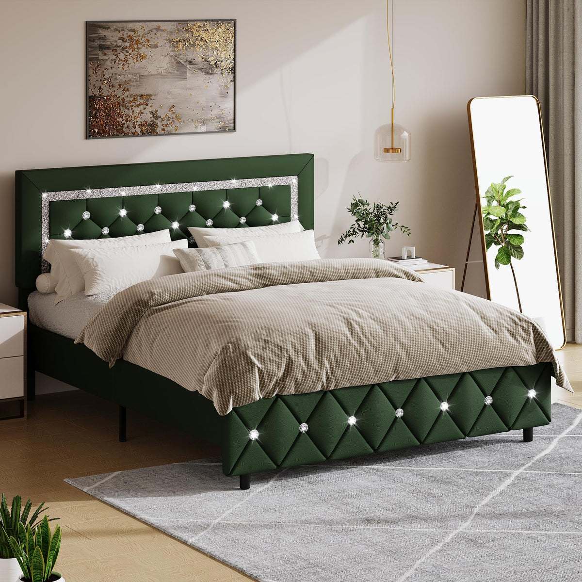 Green Faux Leather Upholstered Bed Frame with Headboard O7586