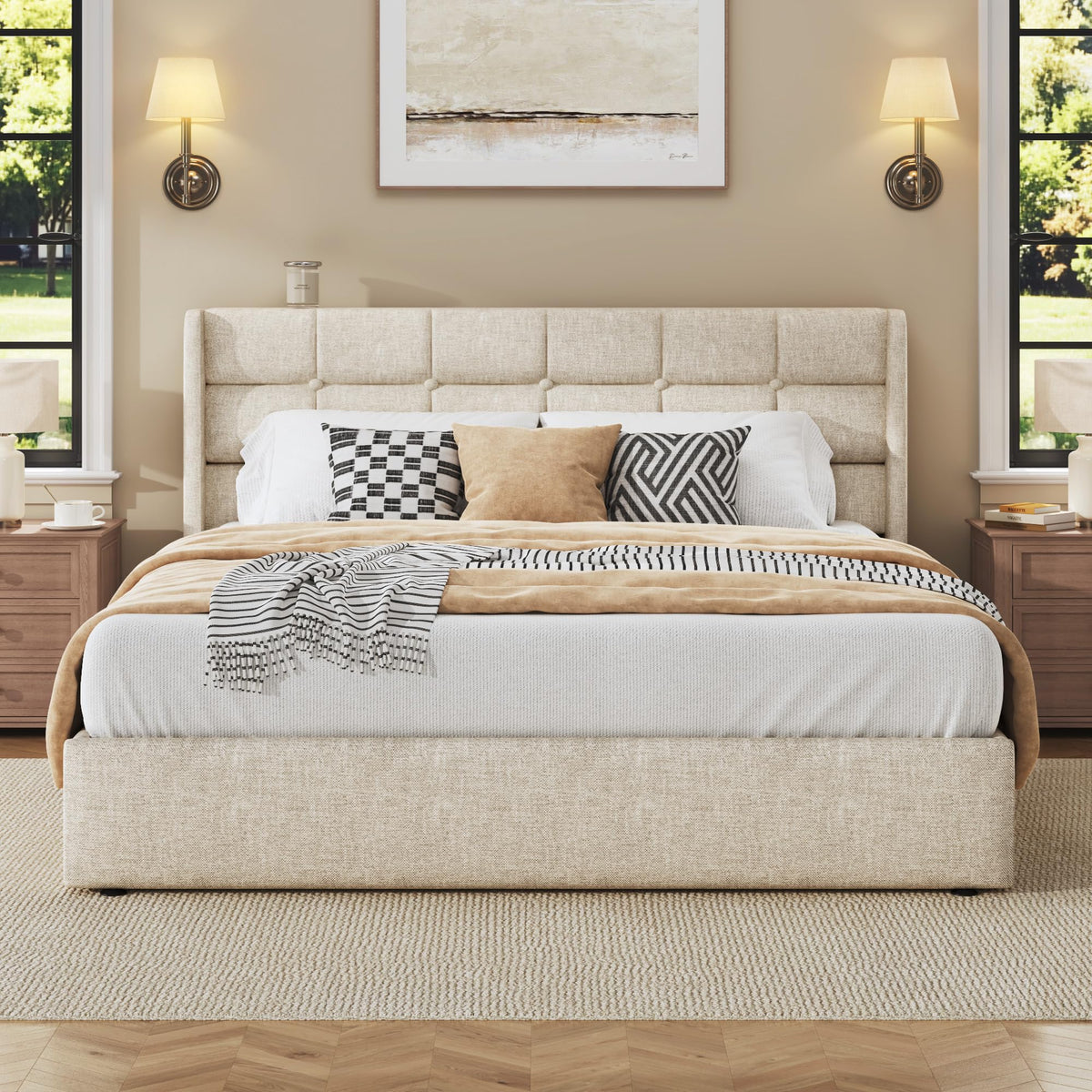 Queen Size Linen Upholstered Lift Up Storage Bed Frame O56993